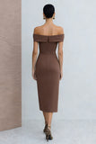 Off the Shoulder Brown Work Dress with Slit