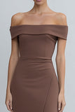 Off the Shoulder Brown Work Dress with Slit