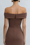 Off the Shoulder Brown Work Dress with Slit