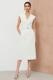 Ivory Sheath Cap Sleeve Midi Work Dress