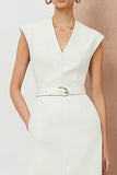 Ivory Sheath Cap Sleeve Midi Work Dress
