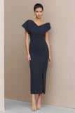 Elegant Navy Asymmetrical Neck Work Dress