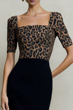 Black and Brown Leopard Square Neck Bodycon Work Dress