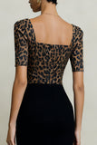 Black and Brown Leopard Square Neck Bodycon Work Dress