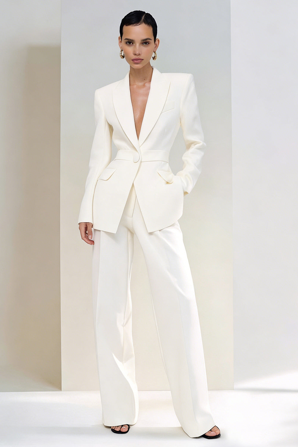 Berylove Women Peaked Lapel Ivory Suits 2 Piece Long Sleeve Business Casual Suits With Pockets, Ivory / 3XL Berylove Women Peaked Lapel Ivory Suits 2 Piece Long Sleeve Business Casual Suits With Pockets, Ivory / 3XL