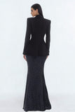Black Peaked Lapel Mermaid 2 Piece Work Dress