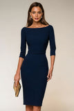 Bodycon Navy Bateau Neck Short Work Dress With 3/4 Sleeves