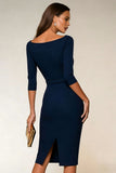 Bodycon Navy Bateau Neck Short Work Dress With 3/4 Sleeves