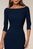 Bodycon Navy Bateau Neck Short Work Dress With 3/4 Sleeves
