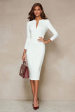 Ivory Bodycon 3/4 Sleeve Midi Work Dress