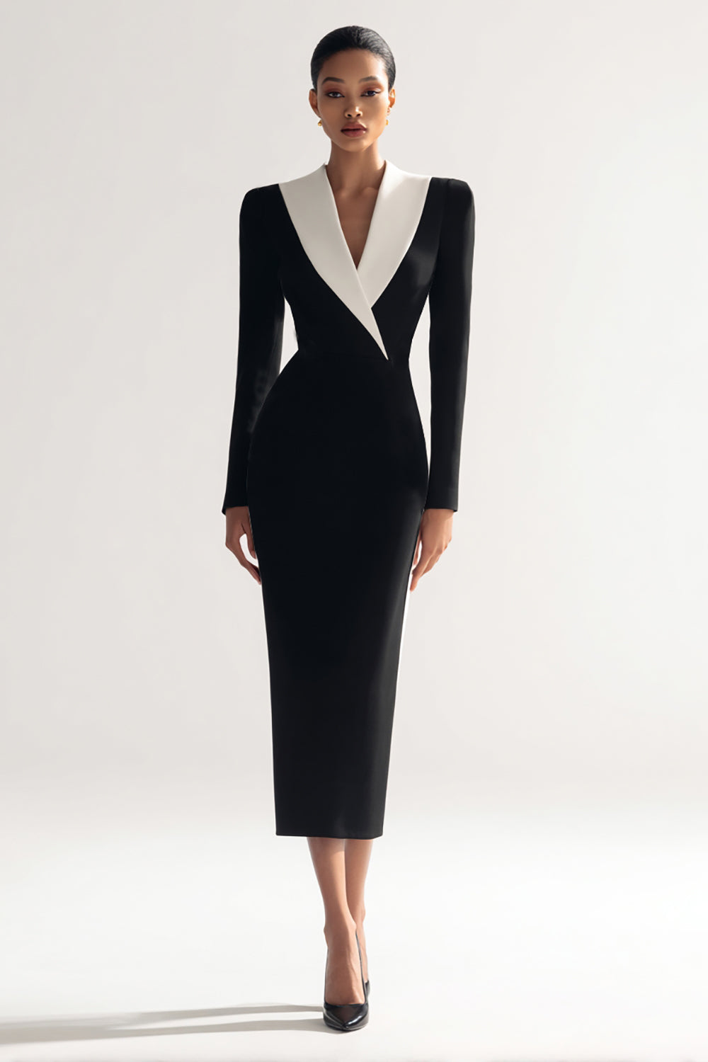 Berylove Women Black Bodycon Work Dress Long Slleve V Neck Elegant Midi Business Dress