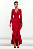 Red Long Sleeve Mermaid Ruffled Formal Dress