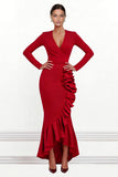 Red Long Sleeve Mermaid Ruffled Formal Dress