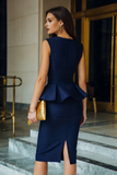 Navy Bodycon Ruffled Midi Work Dress