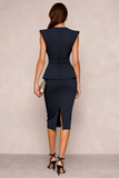 Navy Bodycon Round Neck Midi Work Dress with Slit