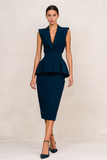 Peaked Lapel Navy Bodycon Midi Work Dress