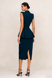 Peaked Lapel Navy Bodycon Midi Work Dress