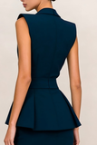 Peaked Lapel Navy Bodycon Midi Work Dress