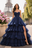 Navy Strapless Ball Gown Tiered Ruffled Prom Dress