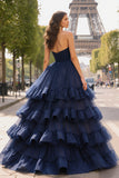 Navy Strapless Ball Gown Tiered Ruffled Prom Dress