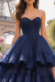 Navy Strapless Ball Gown Tiered Ruffled Prom Dress