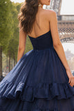Navy Strapless Ball Gown Tiered Ruffled Prom Dress