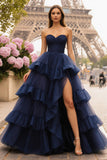 Strapless Princess Tiered Ruffled Navy Prom Dress with Slit