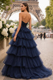 Strapless Princess Tiered Ruched Navy Prom Dress with Ruffles
