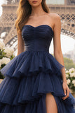 Strapless Princess Tiered Ruched Navy Prom Dress with Ruffles