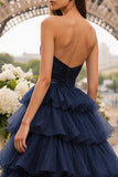 Strapless Princess Tiered Ruched Navy Prom Dress with Ruffles