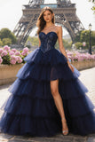 Sparkly Strapless Princess Tiered Navy Prom Dress