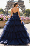 Sparkly Strapless Princess Tiered Navy Prom Dress
