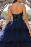 Sparkly Strapless Princess Tiered Navy Prom Dress