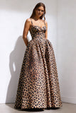 Brown Leopard Spaghetti Straps Ball Gown Prom Dress