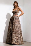 Brown Leopard Spaghetti Straps Ball Gown Prom Dress