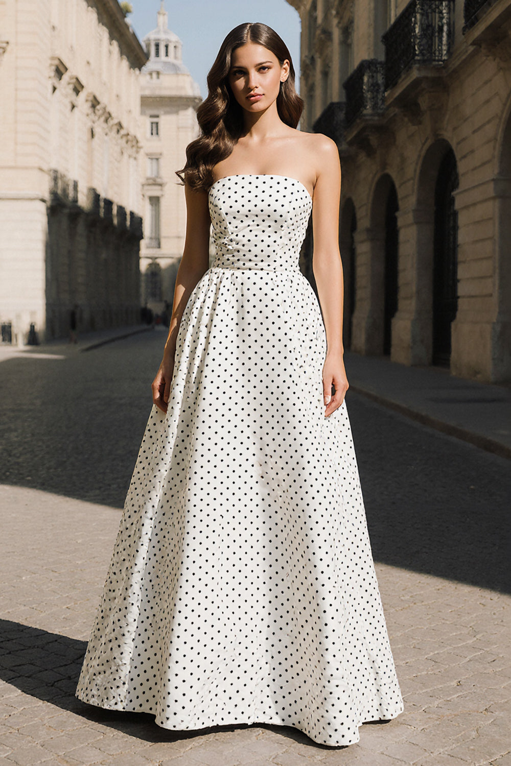Berylove Women White Black Polka Dot Prom Dress Strapless A Line Maxi Party Dress, White Black Dots / US24W Berylove Women White Black Polka Dot Prom Dress Strapless A Line Maxi Party Dress, White Black Dots / US24W