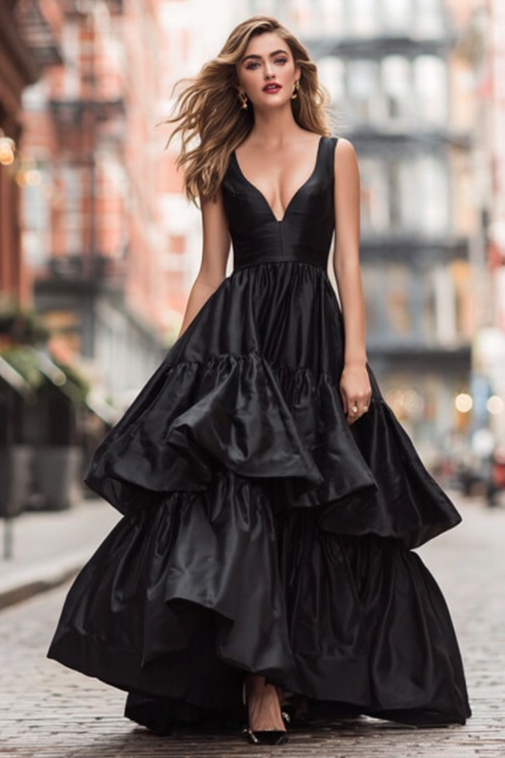 Berylove Women Black Prom Dress Tiered Spaghetti Straps V Neck Maxi Party Dress with Ruffles, Black / US14 Berylove Women Black Prom Dress Tiered Spaghetti Straps V Neck Maxi Party Dress with Ruffles, Black / US14