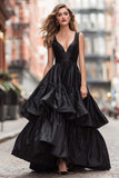 Black Tiered V Neck Prom Dress with Ruffles
