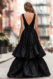 Black Tiered V Neck Prom Dress with Ruffles