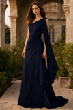 One Shoulder Navy Ruched Maxi Formal Dress