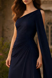 One Shoulder Navy Ruched Maxi Formal Dress