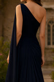 One Shoulder Navy Ruched Maxi Formal Dress