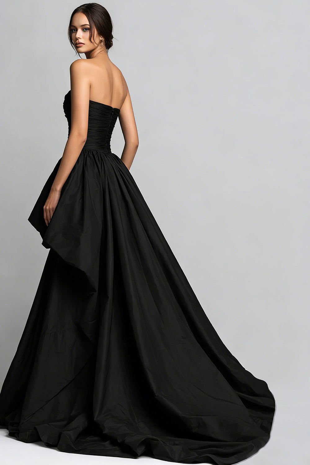 Strapless High Low Black Ruched Prom Dress Strapless High Low Black Ruched Prom Dress