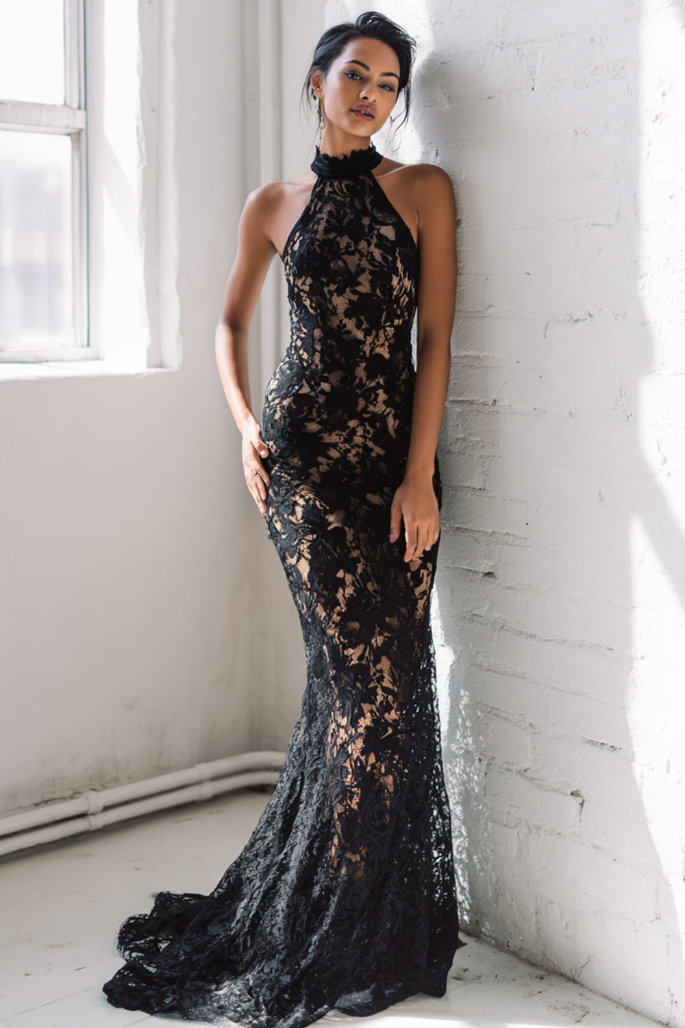 Berylove Women Black Prom Dress Halter Mermaid Elegant Maxi Party Dress with Lace, Black / US22W Berylove Women Black Prom Dress Halter Mermaid Elegant Maxi Party Dress with Lace, Black / US22W