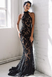 Halter Mermaid Black Prom Dress with Lace