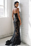 Halter Mermaid Black Prom Dress with Lace