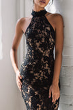 Halter Mermaid Black Prom Dress with Lace
