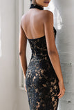 Halter Mermaid Black Prom Dress with Lace