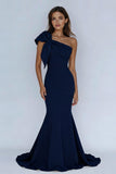 Navy One Shoulder Mermaid Maxi Formal Dress