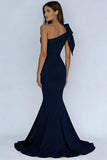 Navy One Shoulder Mermaid Maxi Formal Dress